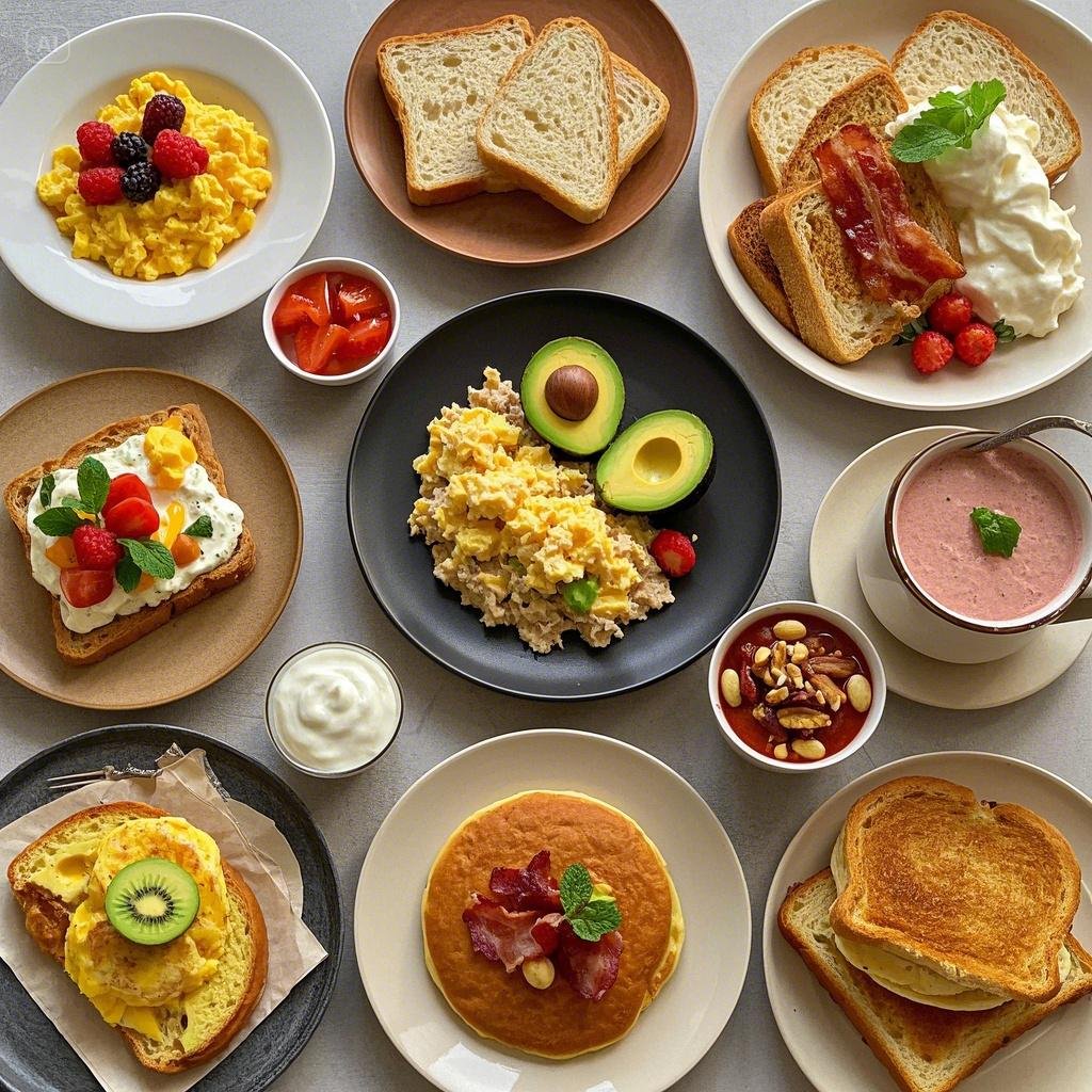 An assortment of breakfast dishes, including scrambled eggs with berries, avocado with eggs, pancakes with bacon, toast with cream and fruit, and a smoothie bowl, arranged on a table.