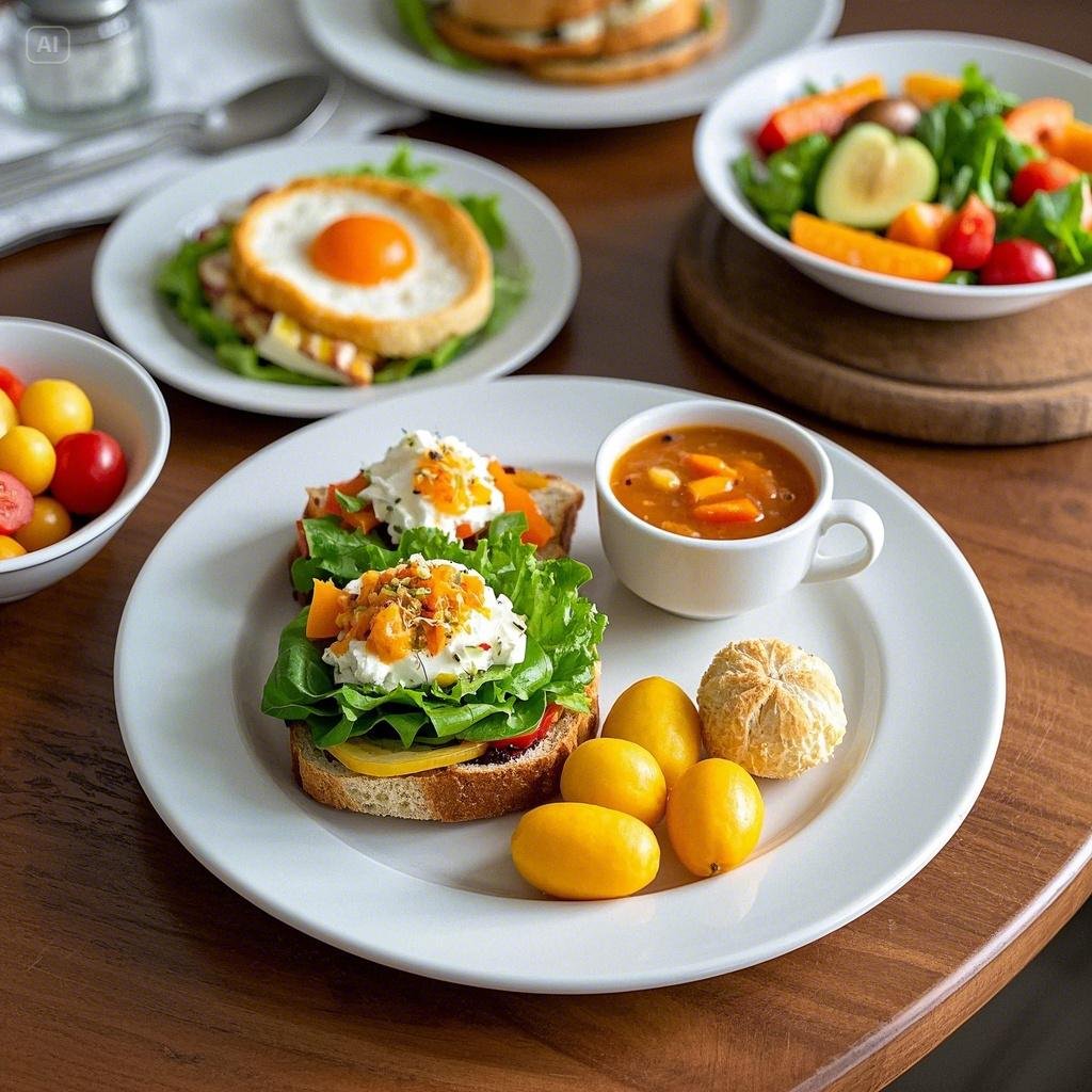 A well-presented lunch spread featuring a plate with toast topped with cream cheese, lettuce, and diced vegetables, accompanied by a small bowl of soup, yellow cherry tomatoes, and a peeled orange. In the background are more dishes, including a fried egg on toast, a fresh salad, and a colorful bowl of cherry tomatoes.