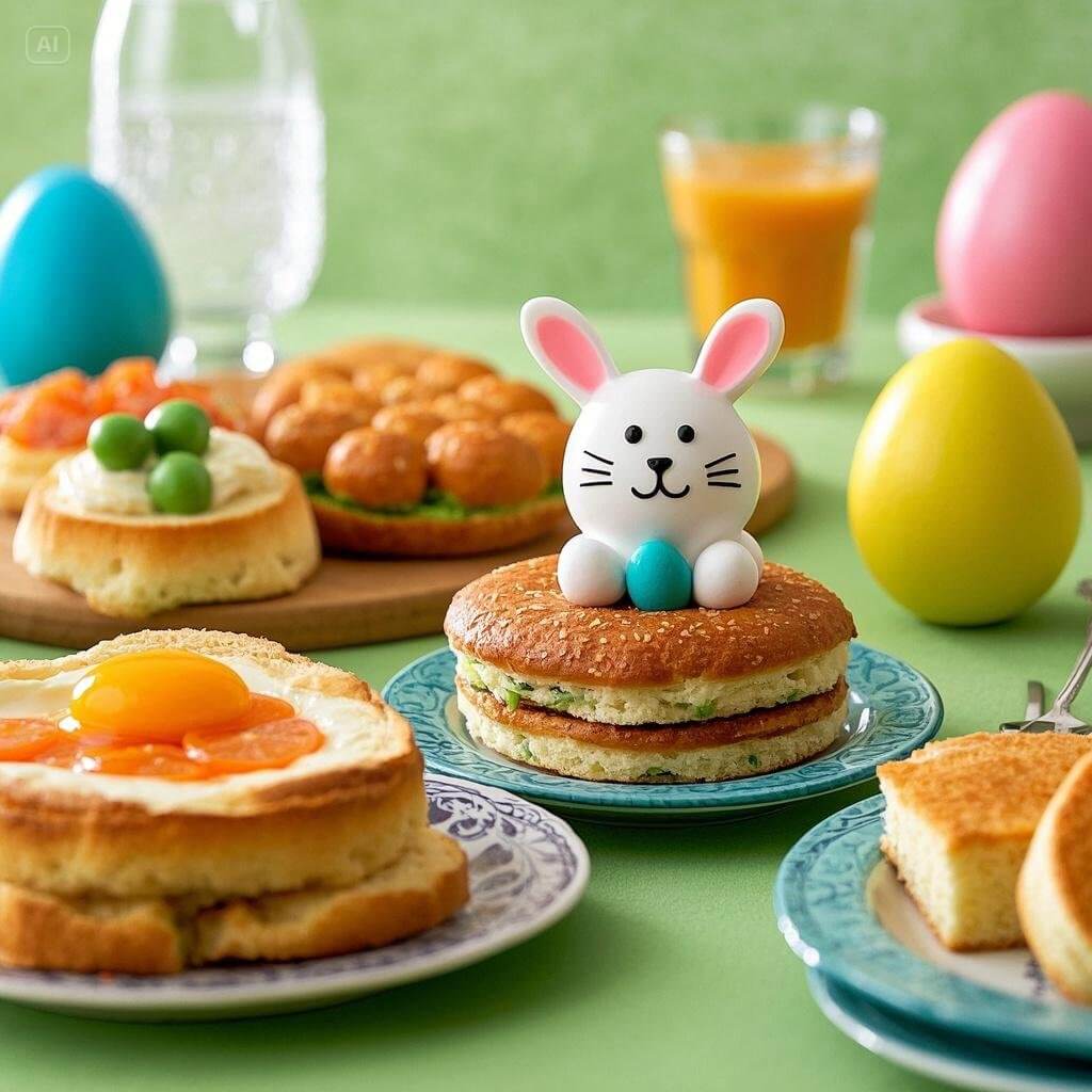 A festive Easter brunch spread featuring 10 creative dishes, including colorful eggs, pastries, fresh fruit, and spring-inspired recipes, beautifully arranged on a decorated table.