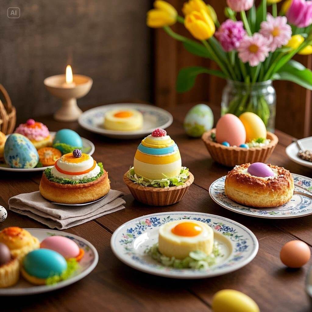 A beautifully arranged Easter brunch table showcasing 10 creative dishes, including deviled eggs, hot cross buns, pastel-colored pancakes, fresh fruit salads, and spring-inspired desserts, all set with festive decorations.