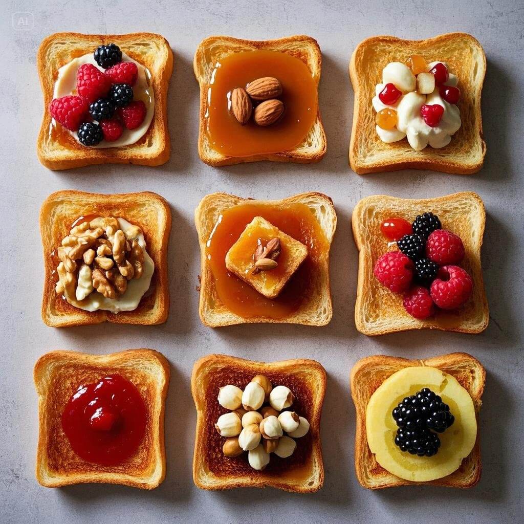 10 delicious French toast variations with toppings like fresh berries, maple syrup, powdered sugar, and nuts on a rustic table.