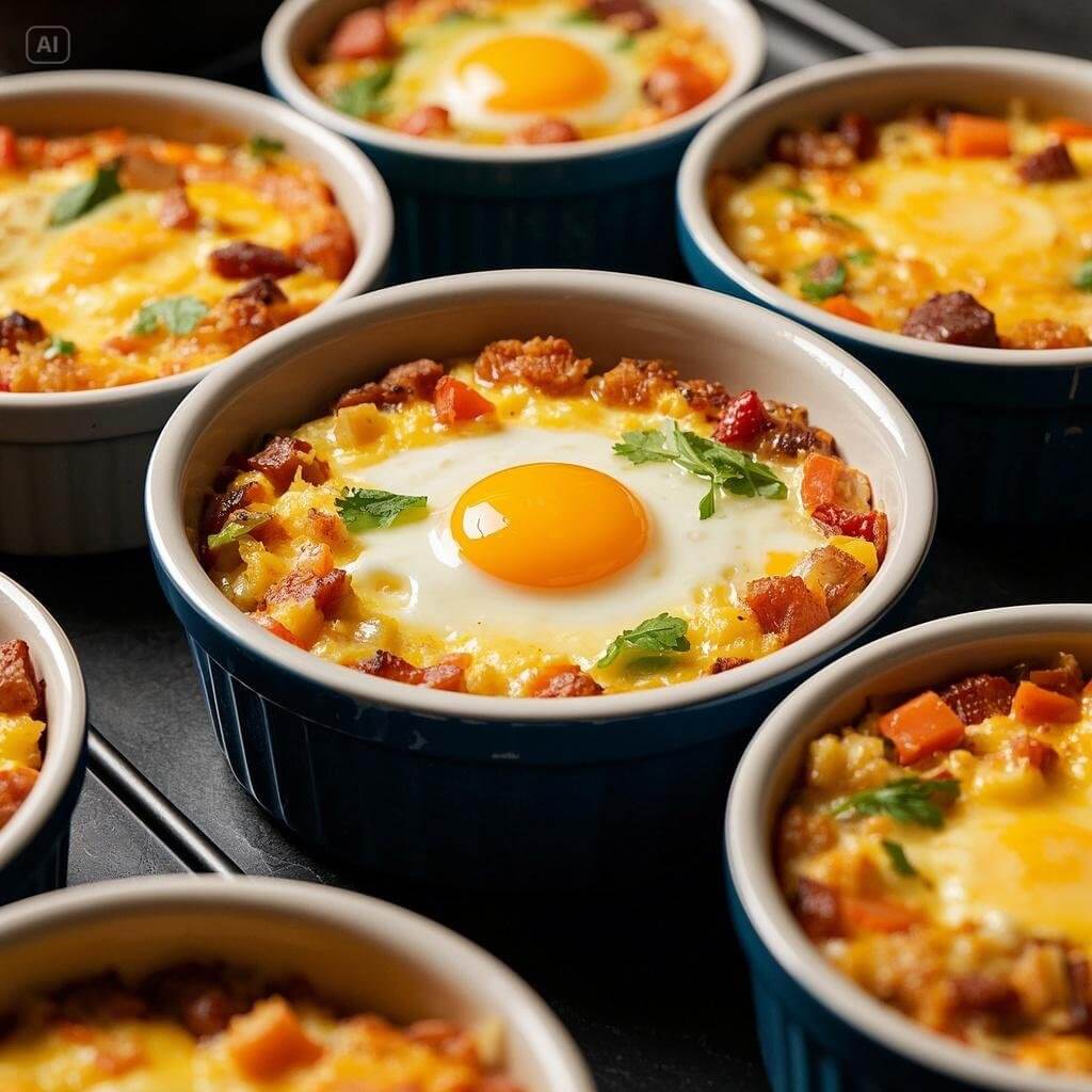 Breakfast casserole dishes topped with sunny-side-up eggs, diced vegetables, and fresh herbs in individual ramekins.