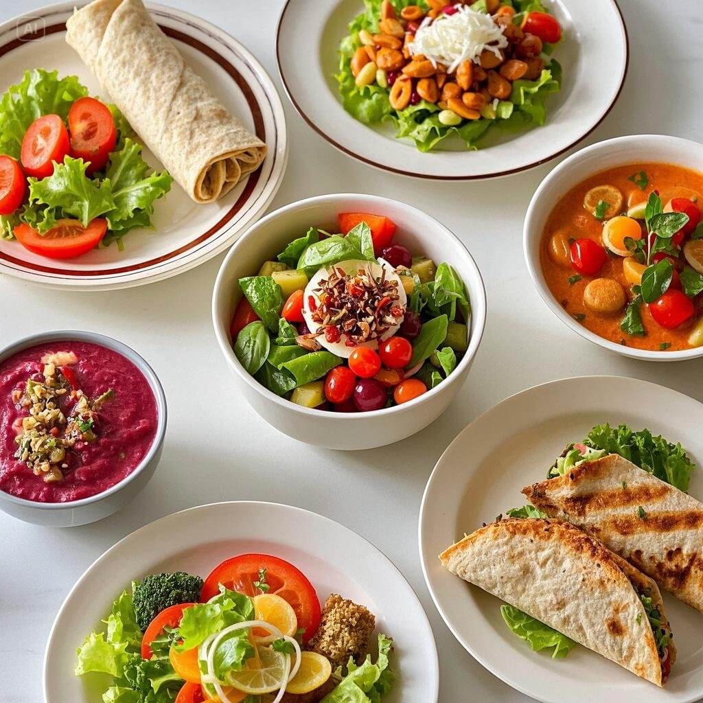 Assortment of colorful vegan lunch ideas including wraps, Buddha bowls, and salads for busy weekdays.