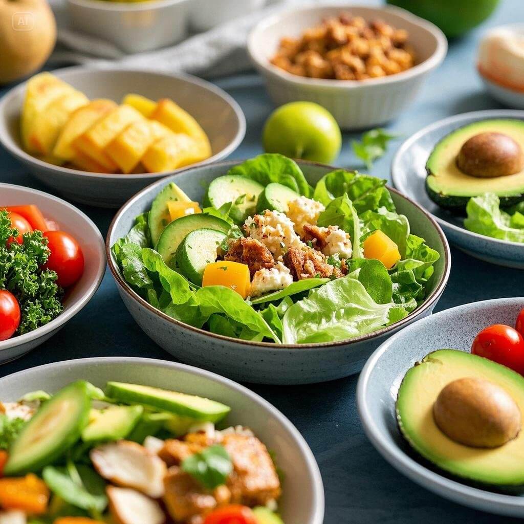 Ten easy and healthy lunchtime salad ideas for busy days, featuring a variety of colorful bowls filled with fresh greens, roasted vegetables, grains, lean proteins, and creative toppings, beautifully arranged on a table.