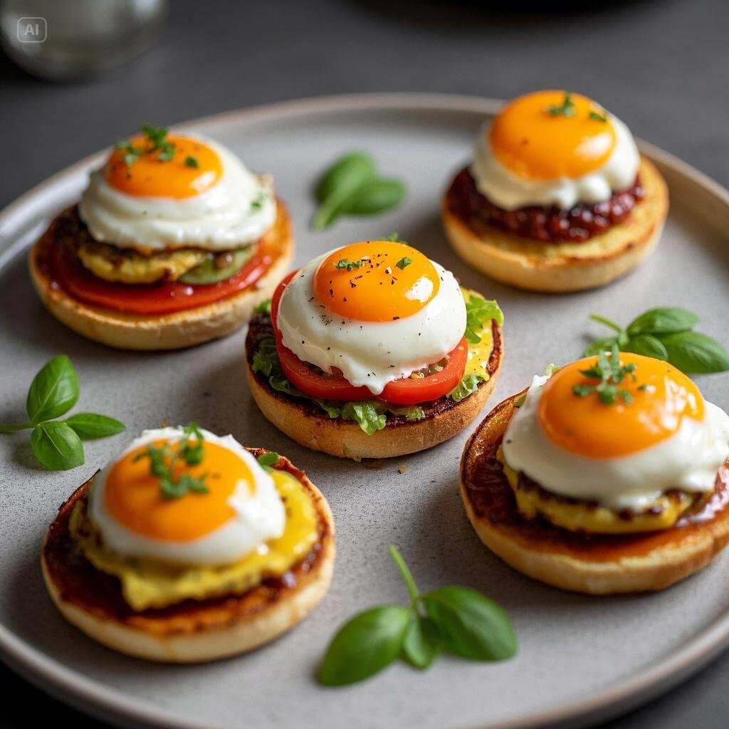 Five creative variations of Eggs Benedict, featuring poached eggs, hollandaise sauce, and unique toppings like avocado, smoked salmon, spinach, crab cakes, and crispy bacon on English muffins.