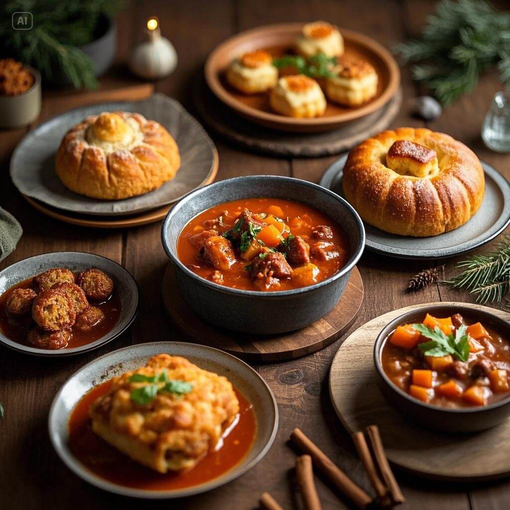 5 easy hearty food recipes for winter including soups, stews, and casseroles with warm, comforting ingredients like vegetables, meat, and cheese on a rustic table.