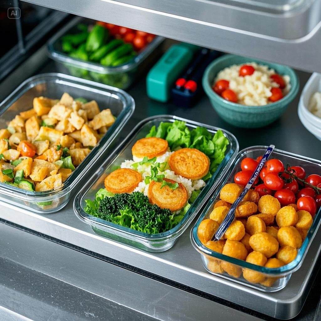 Five easy lunchtime meal prep ideas displayed in containers, including salads, grain bowls, wraps, and protein-packed options, arranged neatly on a kitchen counter.