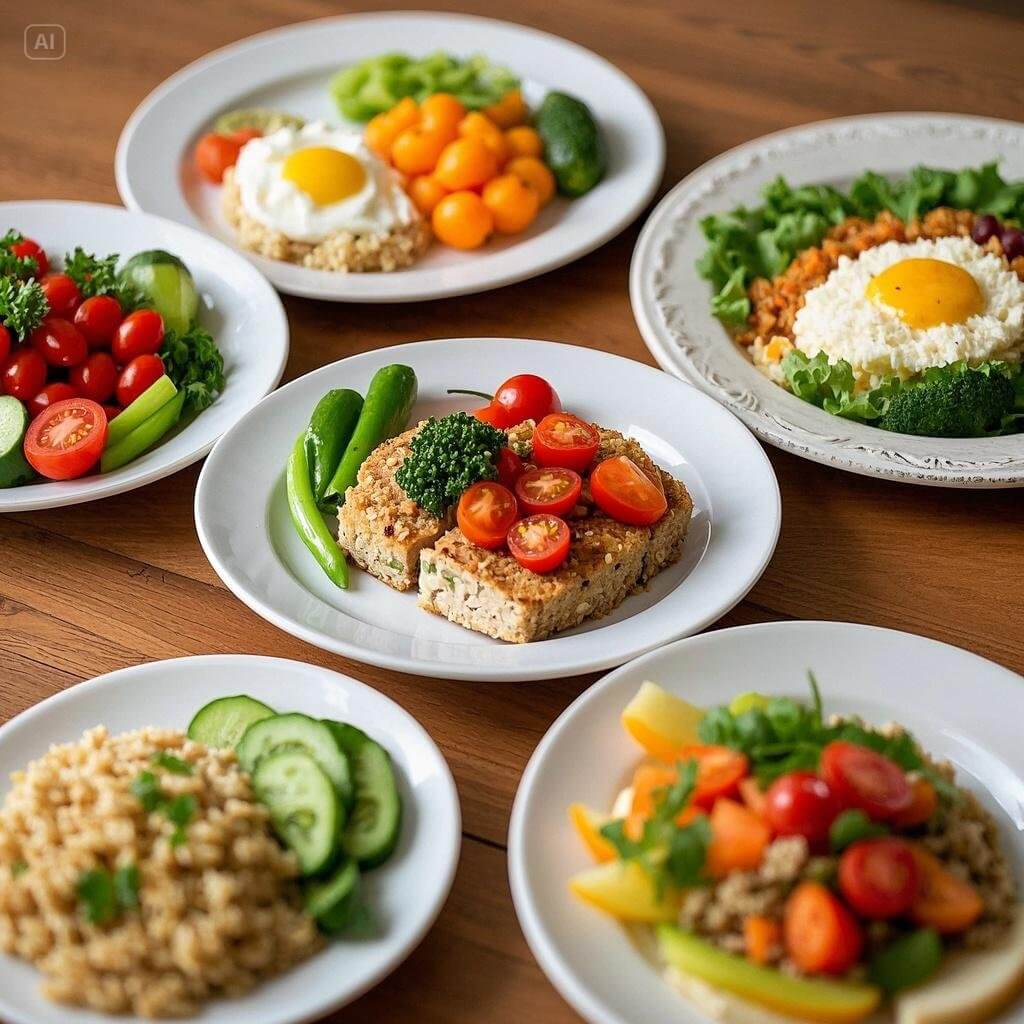 A colorful spread of five healthy lunch options, including a quinoa bowl, a veggie wrap, a leafy green salad, a sandwich, and a fruit plate, arranged on a table.