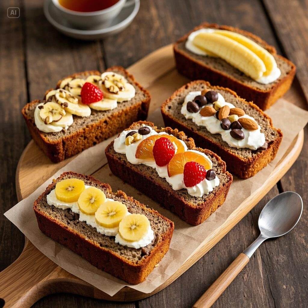 "Banana Bread Slice with Cream Cheese Frosting and Fresh Berries"

