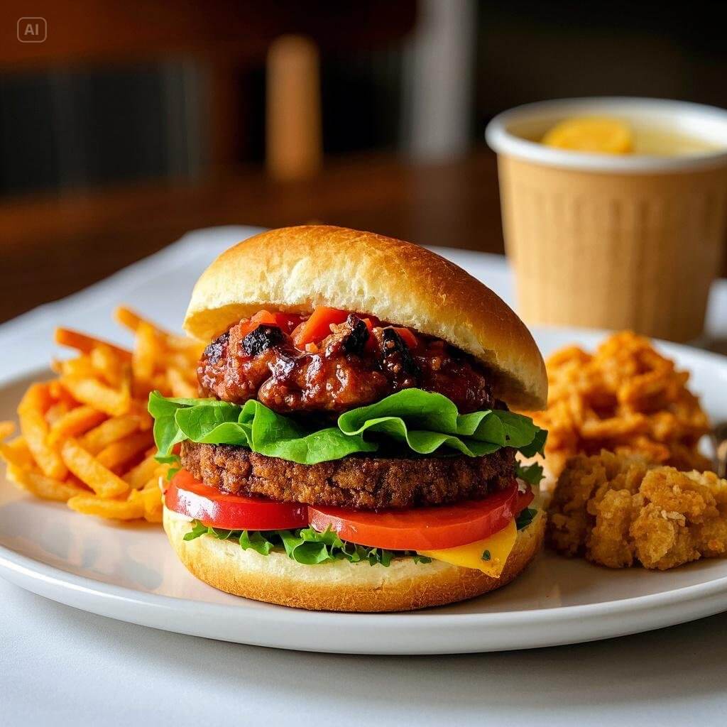 A gourmet burger on a plate with crispy curly fries and fried onion bites, served alongside a cup of iced tea or lemonade in the background.