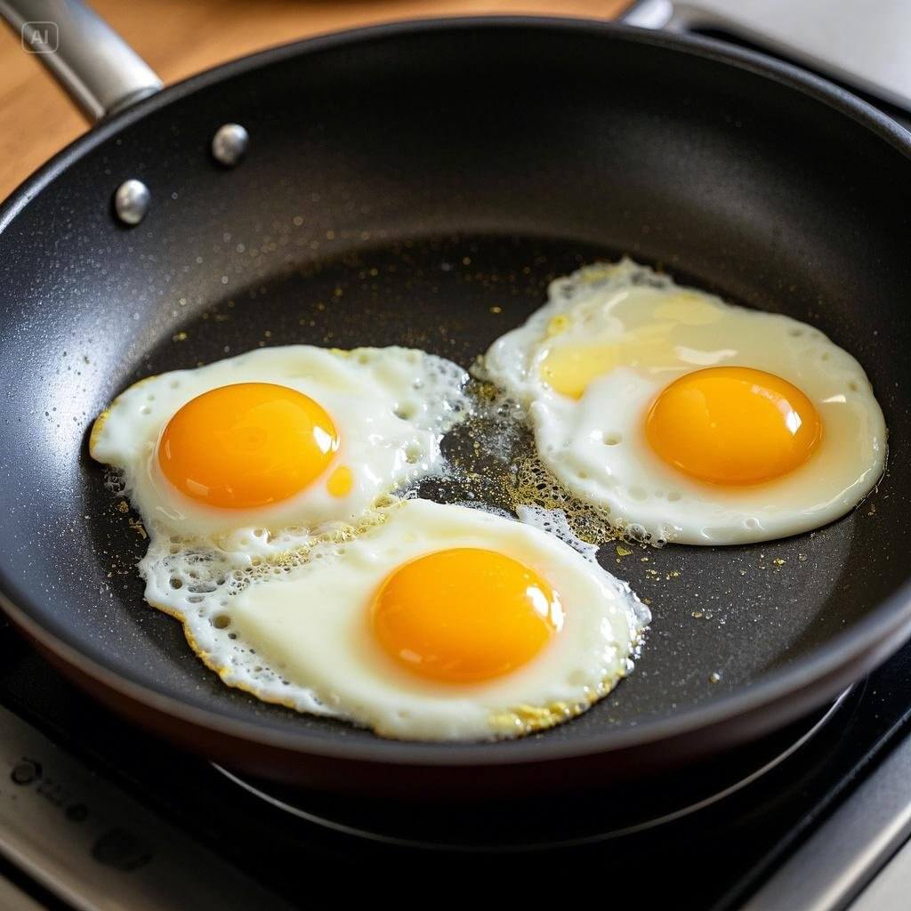 A visual guide highlighting common mistakes when frying eggs, such as overcooking, using the wrong heat, or not using enough oil or butter.