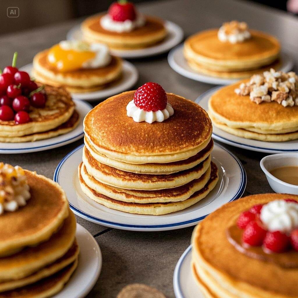 A stack of fluffy pancakes topped with syrup and butter, surrounded by fresh berries, with a caption about finding the best local pancake places nearby.