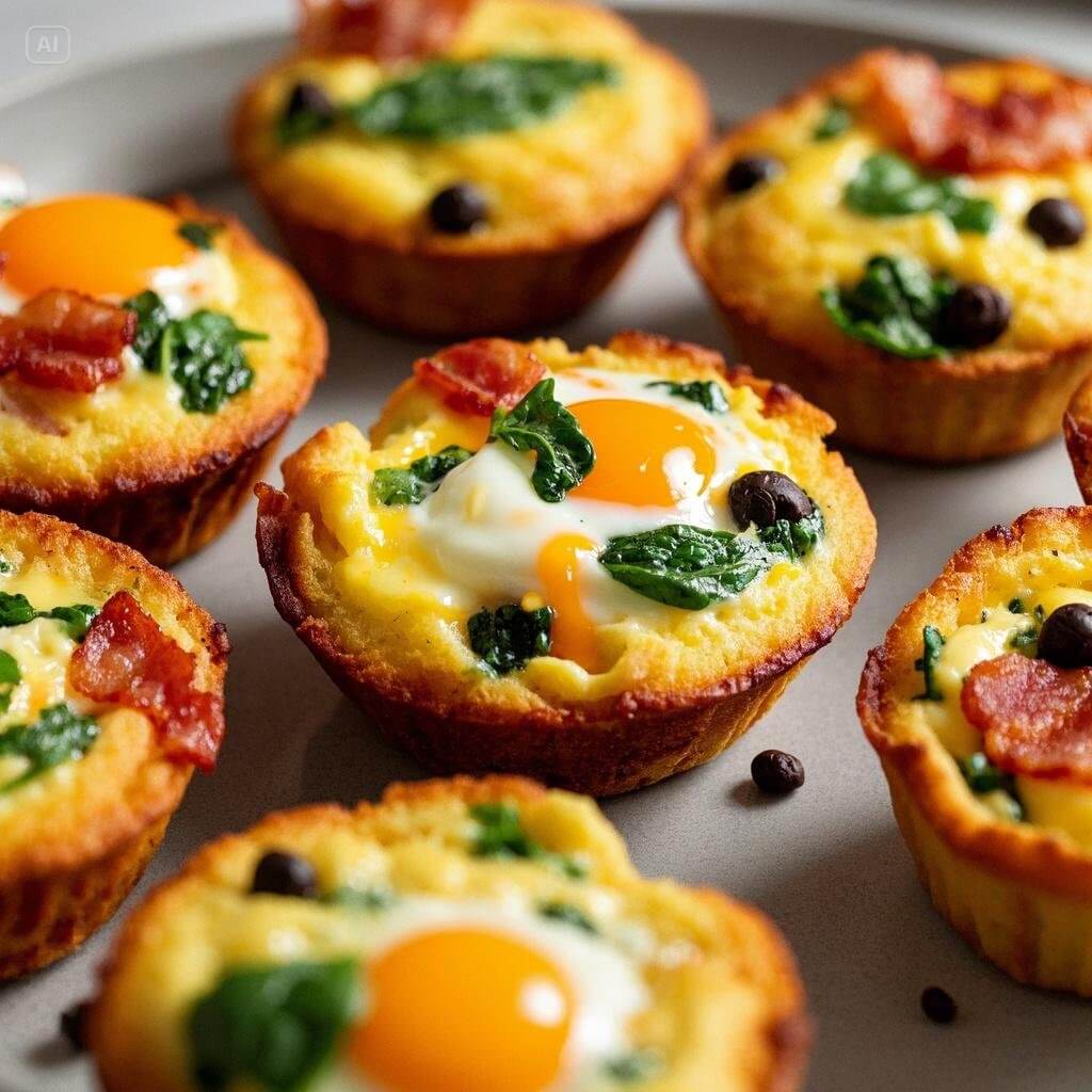 A colorful assortment of egg muffins with different fillings, including spinach, bacon, cheese, tomatoes, and herbs, arranged on a plate.