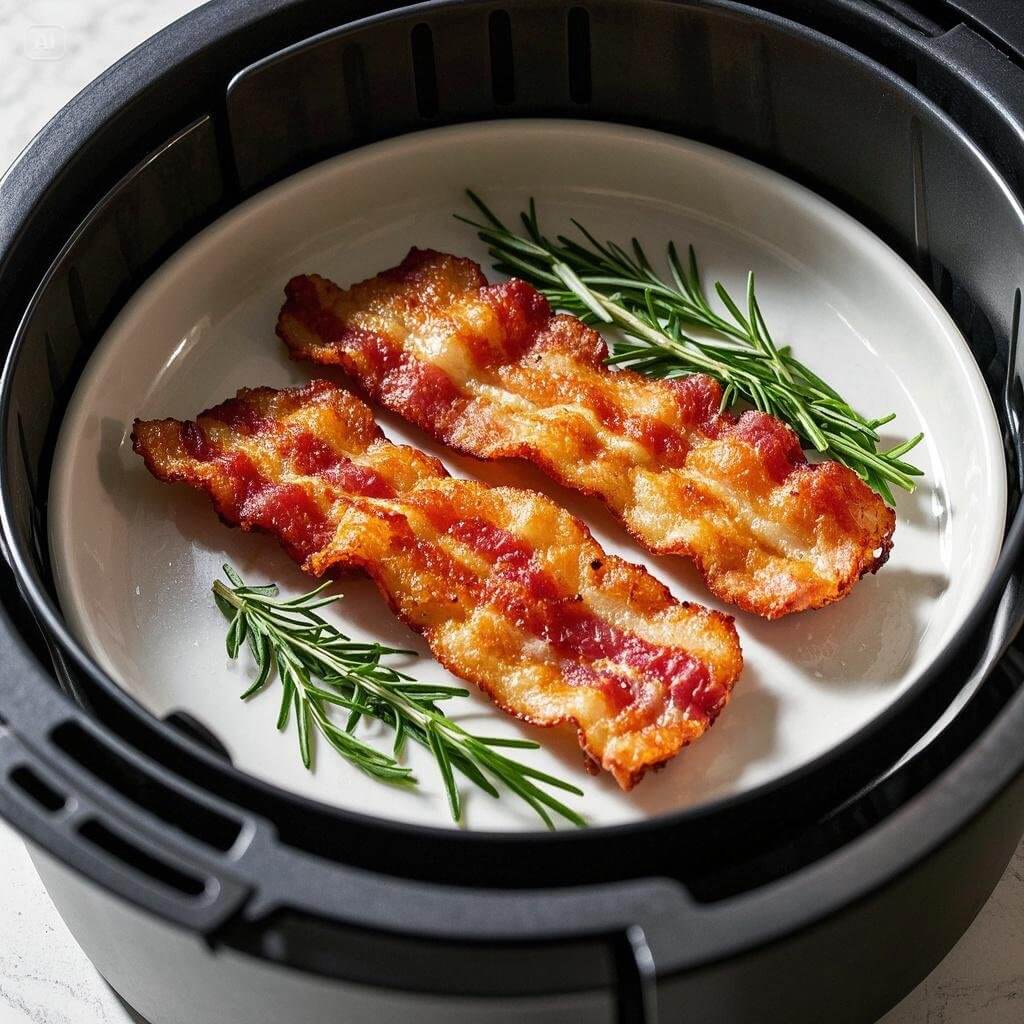 A close-up of crispy, golden-brown bacon strips cooked to perfection in an air fryer, resting on a plate lined with a paper towel to absorb excess grease.