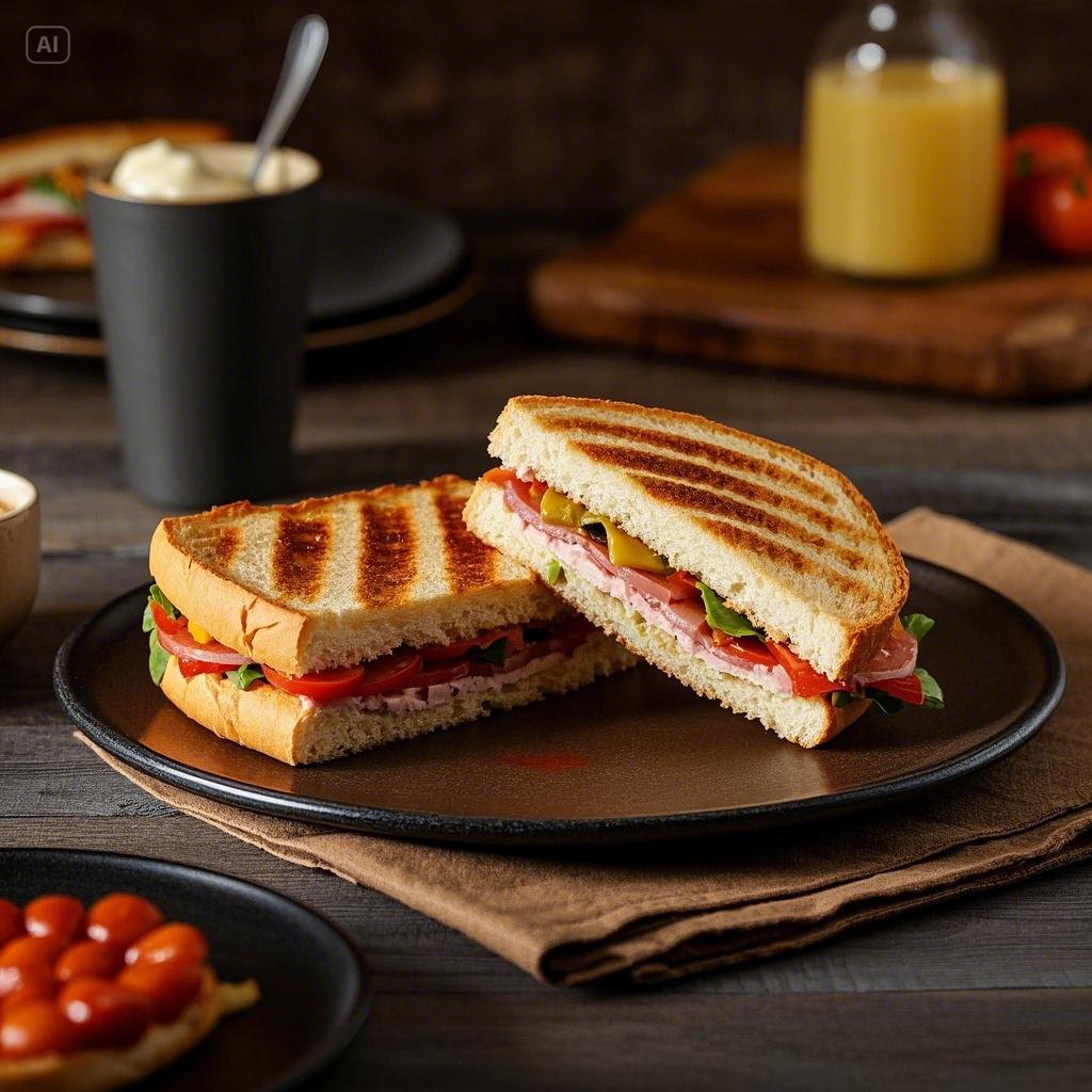 A classic Cuban sandwich with layers of roasted pork, ham, Swiss cheese, pickles, and mustard, pressed between crispy golden bread, ready to be served.