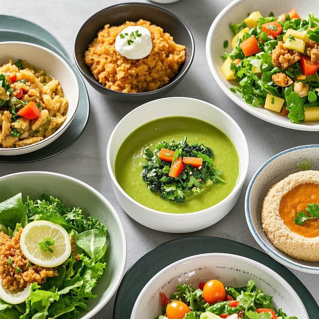 A vibrant spread of 10 delicious vegan lunch dishes, including colorful salads, grain bowls, wraps, and soups, beautifully arranged on a table.