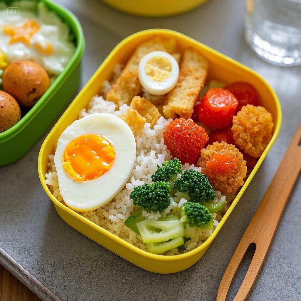 A colorful and neatly packed tiffin box featuring a delicious and easy recipe, including rice, vegetables, a protein dish, and a small dessert, arranged attractively for school or work.