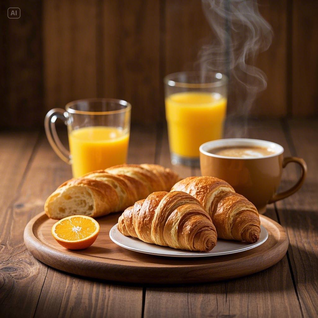 A cozy French breakfast setting featuring a cup of café au lait, a glass of fresh orange juice, a pot of herbal tea, and a small cup of hot chocolate, arranged on a rustic table with a croissant and jam nearby.