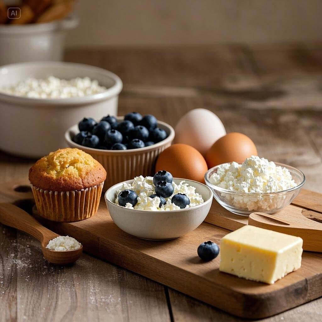 A close-up of essential ingredients for making cottage cheese blueberry muffins, including fresh blueberries, cottage cheese, flour, sugar, eggs, and butter on a rustic kitchen counter.