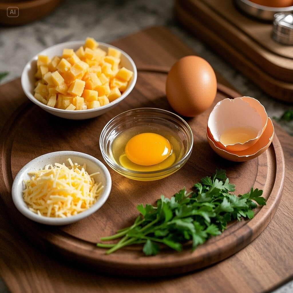 A collection of essential ingredients for making perfect egg muffins, including fresh eggs, vegetables, cheese, and spices, neatly arranged on a kitchen counter.