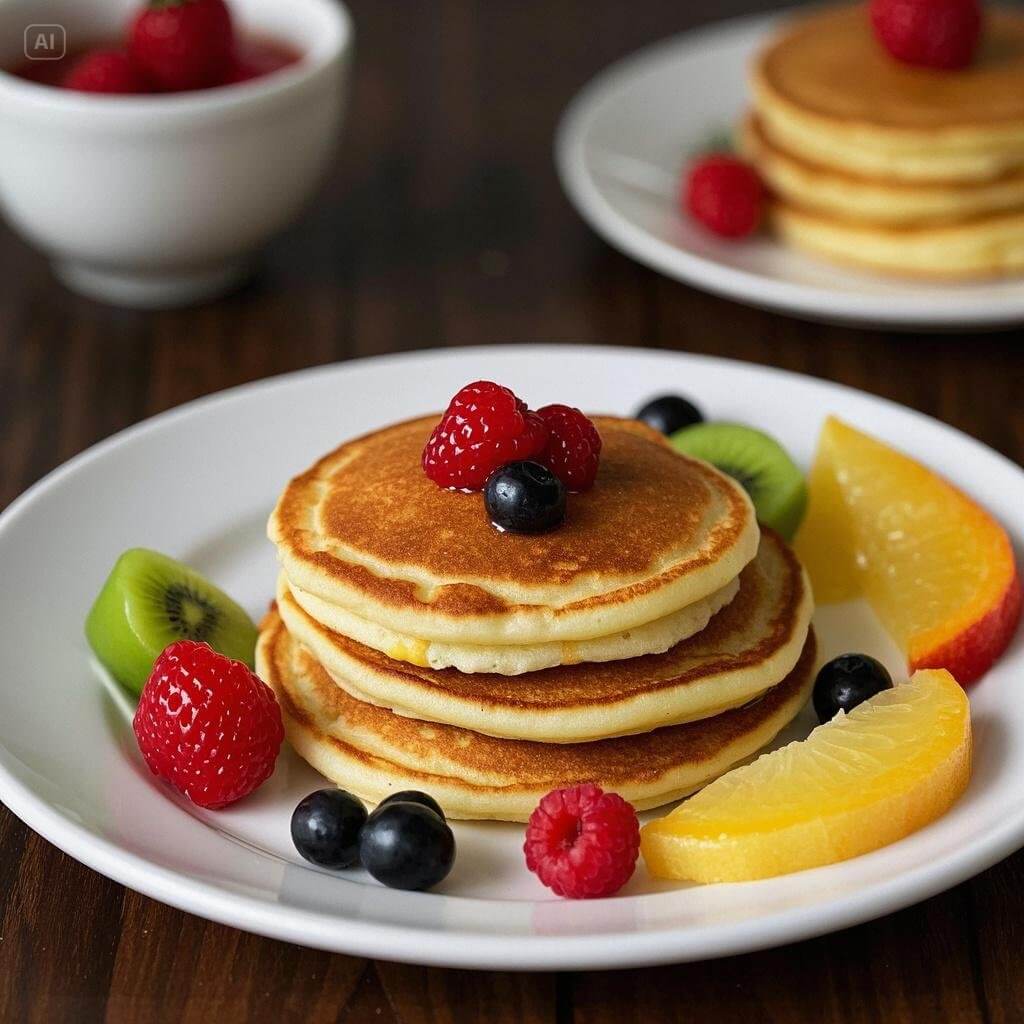 A stack of fluffy pancakes topped with a vibrant assortment of fresh fruits, including strawberries, blueberries, bananas, and kiwi, drizzled with honey.