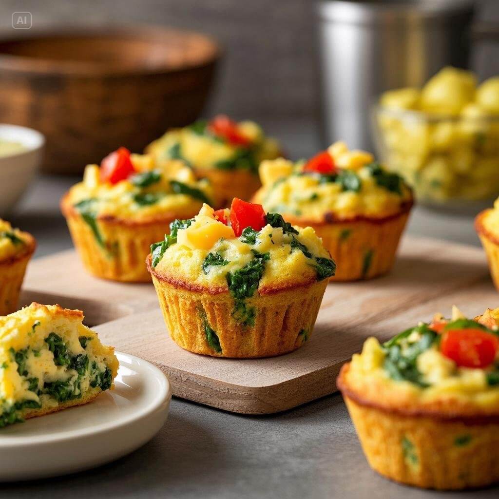 A plate of golden egg muffins with fresh vegetables and herbs, served alongside a bowl of mixed greens and avocado slices, showcasing a healthy and balanced meal.