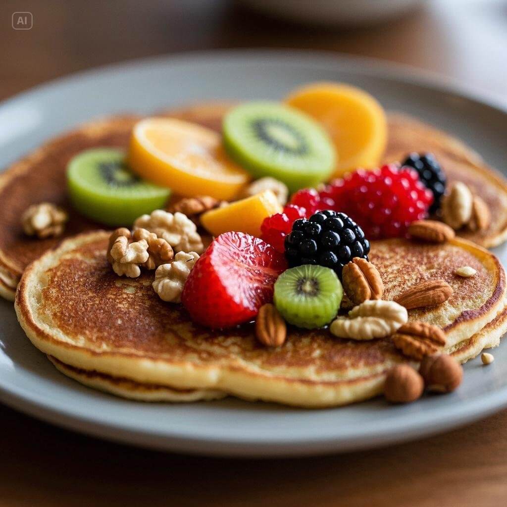 "A stack of whole-grain pancakes topped with nutritious ingredients like Greek yogurt, fresh berries, sliced almonds, and a drizzle of honey.