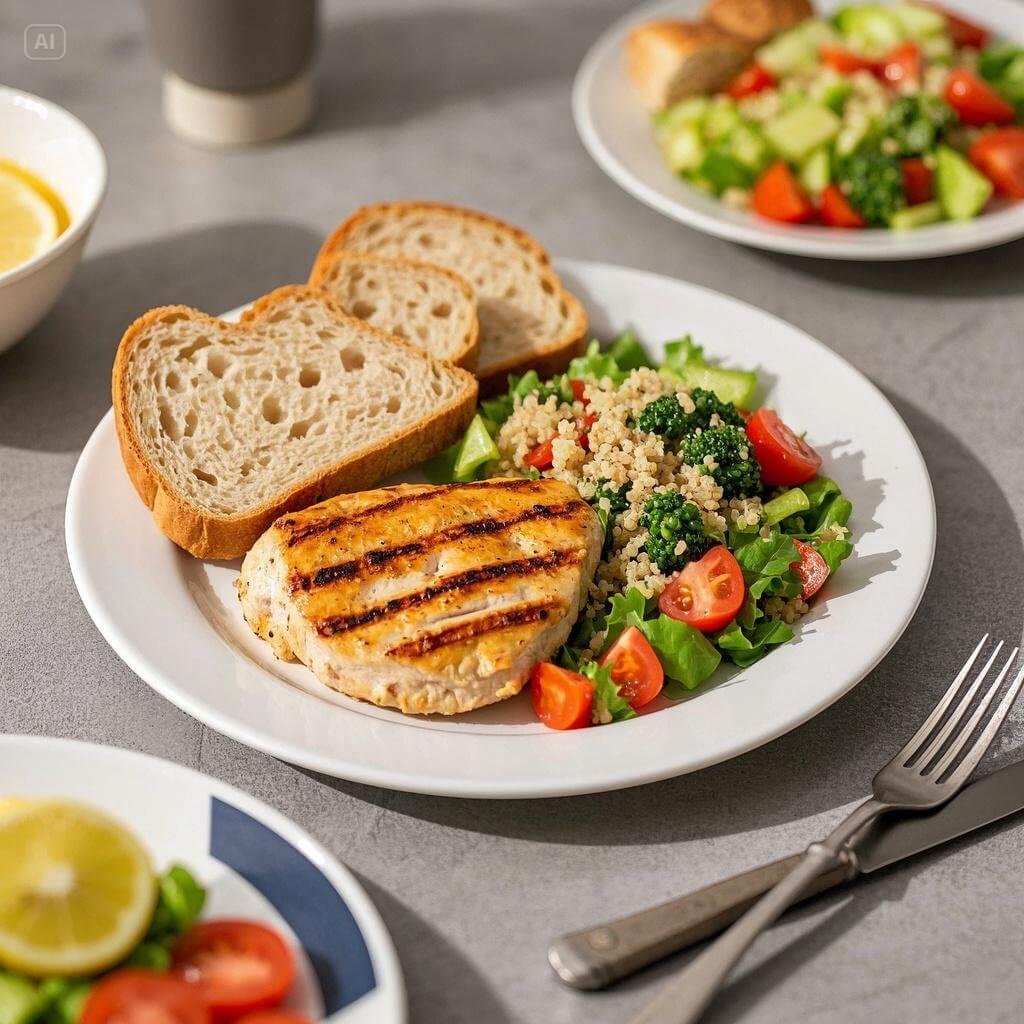 Healthy chicken lunch ideas including grilled chicken salads, grain bowls, and wraps with fresh veggies, quinoa, and light dressings on a kitchen counter.