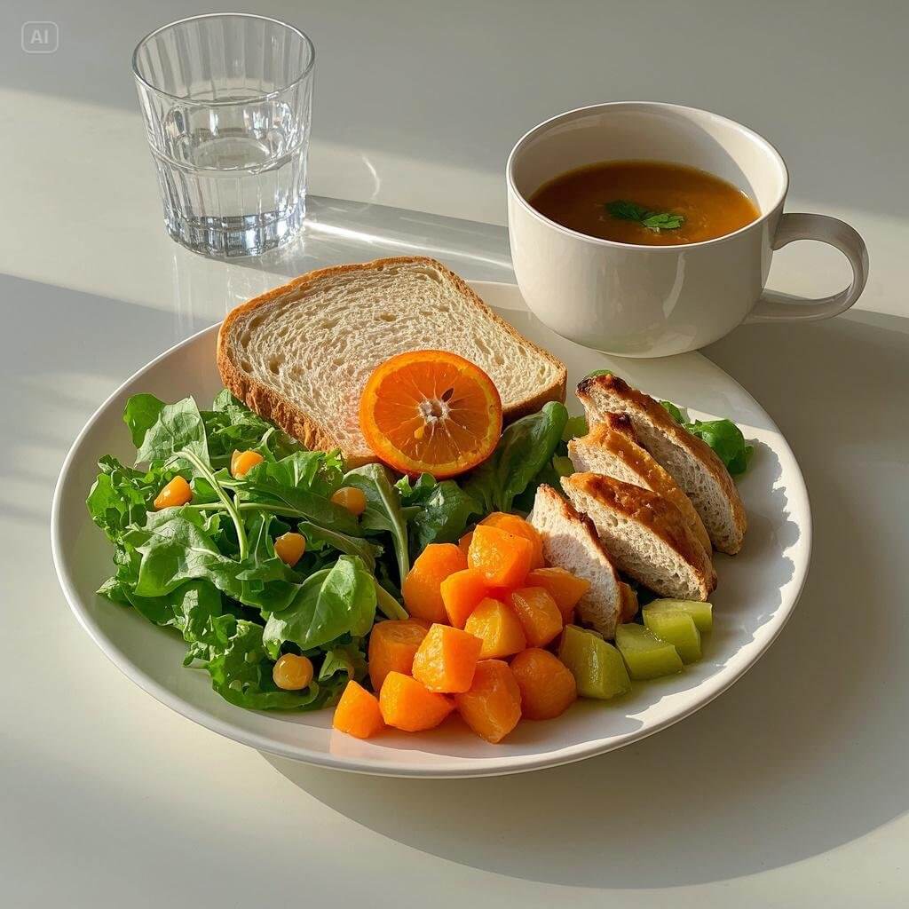 A vibrant and nutritious lunch bowl featuring grilled chicken, mixed greens, quinoa, cherry tomatoes, cucumber slices, and a light lemon vinaigrette, topped with a sprinkle of sesame seeds.