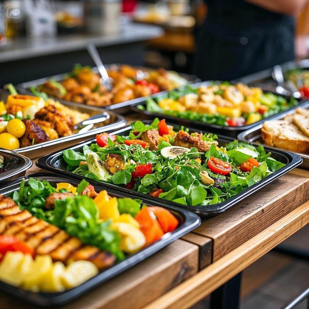 A colorful spread of healthy lunch options, including grain bowls, fresh salads, avocado toast, and smoothies, from top-rated healthy eateries nearby.