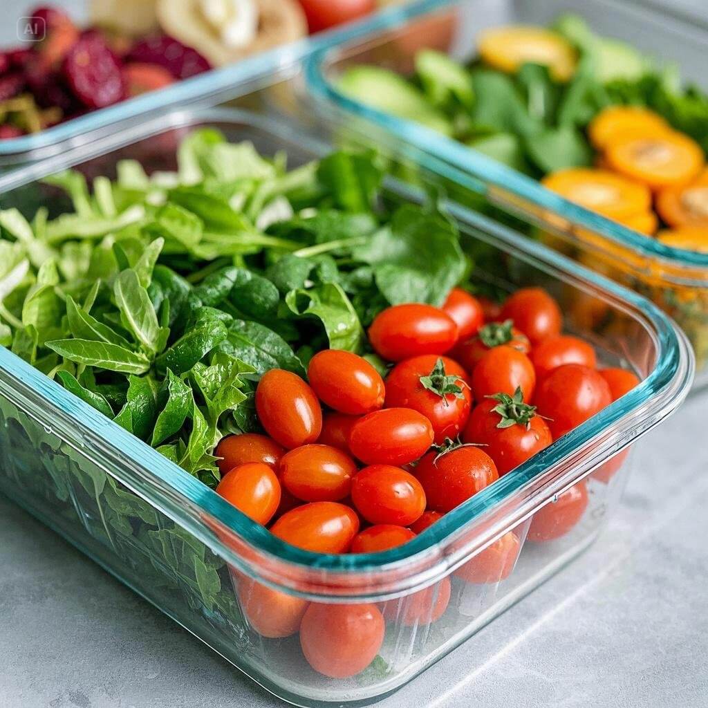 A weekly meal prep setup featuring five healthy salad jars filled with fresh greens, roasted vegetables, grains, lean proteins, and colorful toppings, neatly arranged on a kitchen counter.