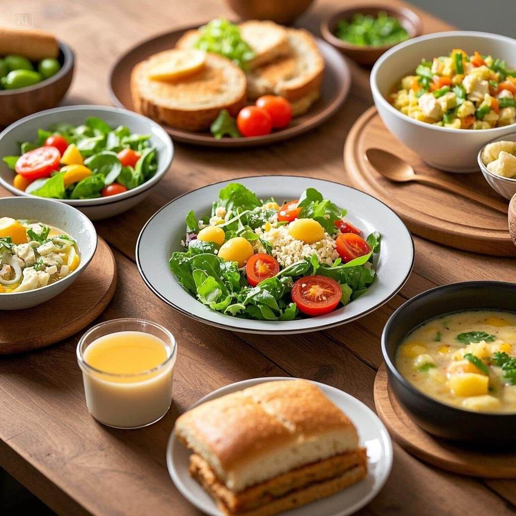 A vibrant assortment of quick and healthy lunch options, including a colorful salad, a wrap, and a bowl of grain and veggie mix, arranged on a table.