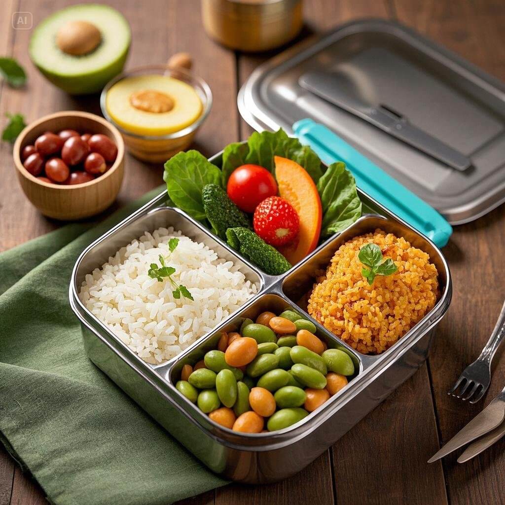 A variety of healthy and nutritious tiffin box meals, including whole grains, fresh vegetables, lean proteins, and fruits, neatly packed and arranged for busy parents and kids.