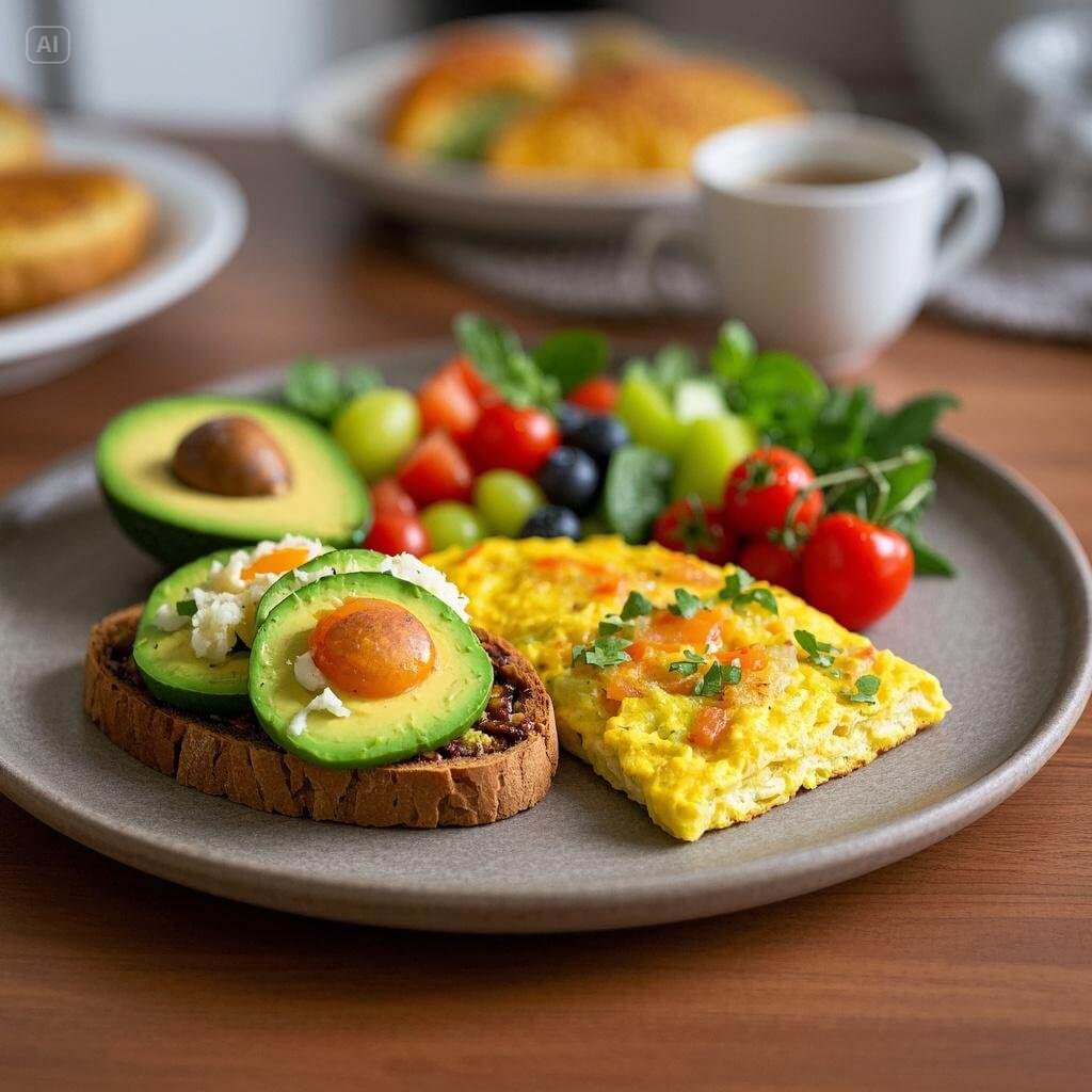 A colorful assortment of healthy vegetarian brunch dishes, including quinoa bowls, avocado toast, fresh salads, and green smoothies, beautifully arranged on a wooden table.