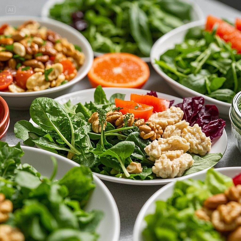 A collection of high-protein salads featuring ingredients like grilled chicken, chickpeas, quinoa, hard-boiled eggs, and nuts, arranged in colorful bowls with fresh greens and vegetables.