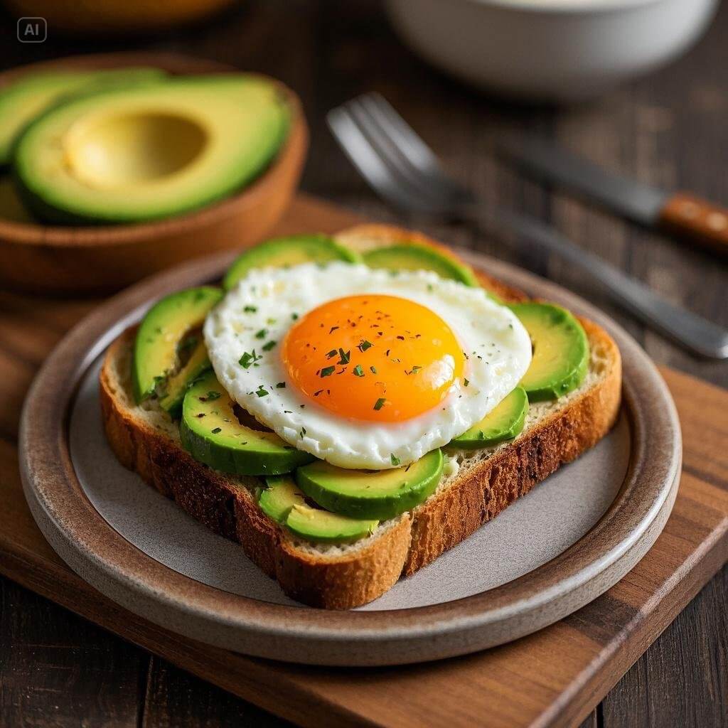 Close-up of avocado toast with a perfectly poached egg on whole-grain bread, topped with chili flakes and fresh herbs.