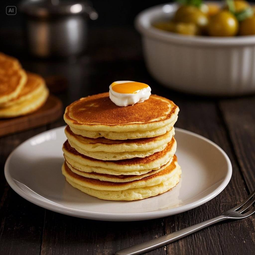 A stack of fluffy homemade pancakes topped with melting butter and drizzled with maple syrup, served on a white plate with a side of fresh berries.