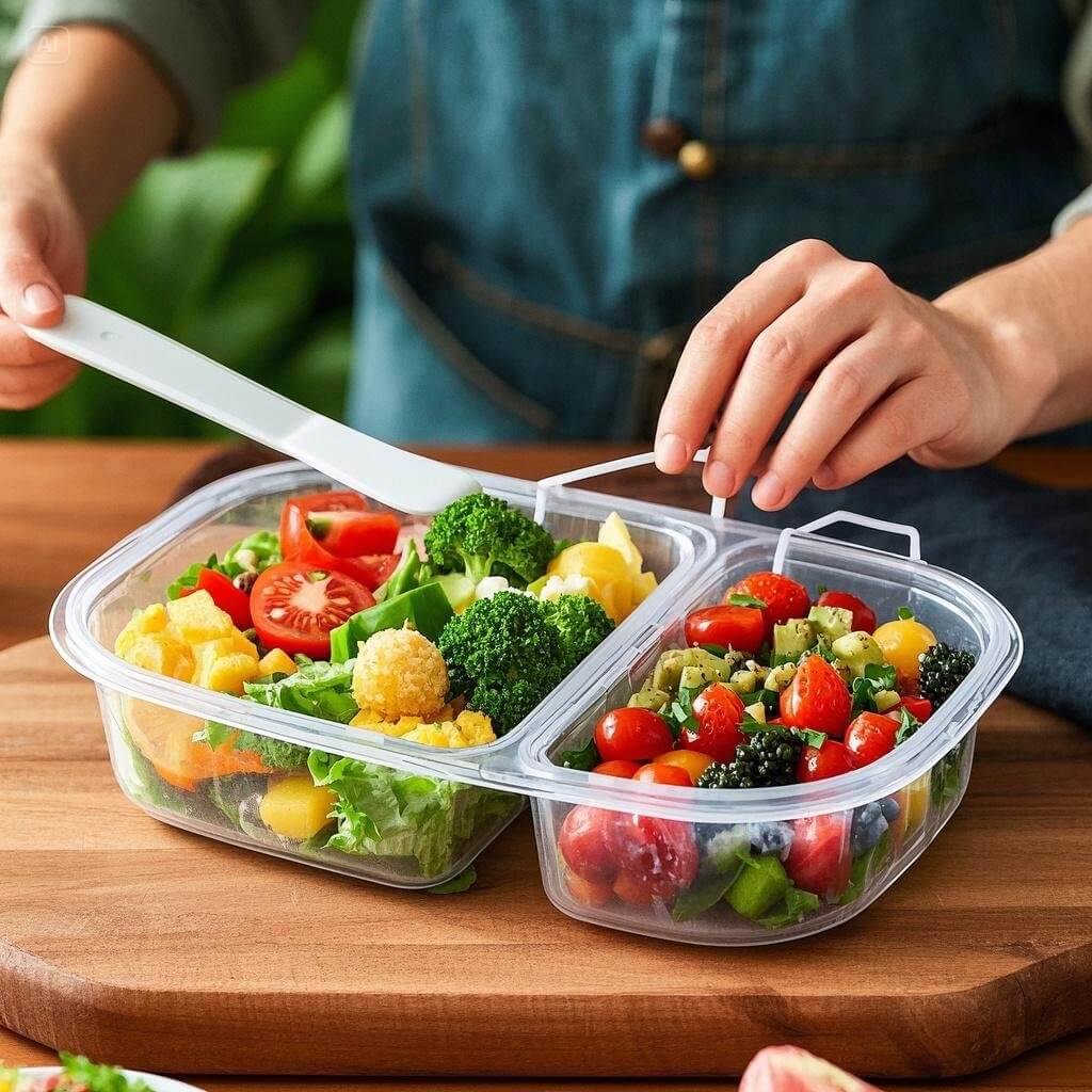 A neatly organized meal prep setup with containers filled with colorful salads, grilled chicken, roasted veggies, and quinoa, ready for quick lunches throughout the week.