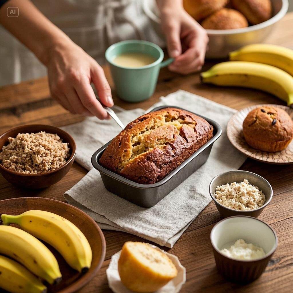 "Golden Brown Banana Bread Loaf with Sliced Bananas on Top"