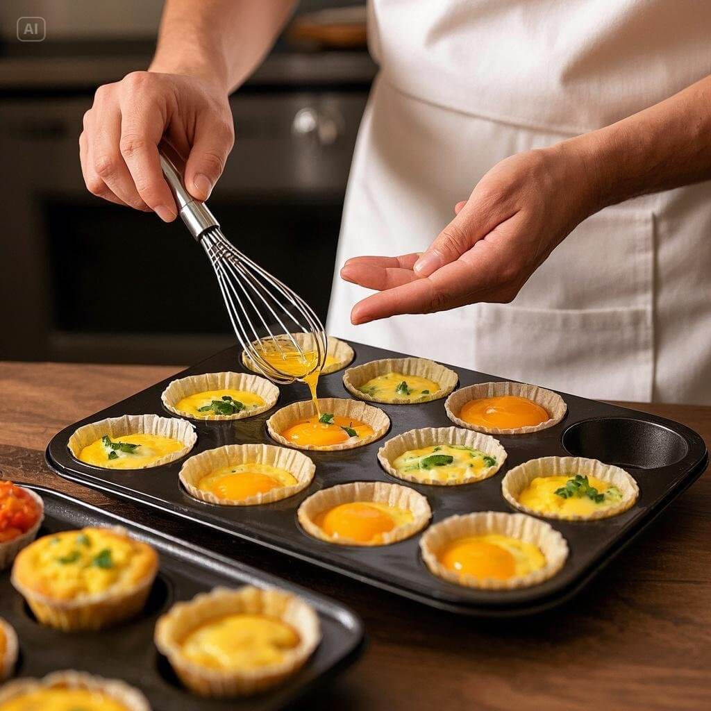 A close-up of golden, fluffy egg muffins in a muffin tin, filled with colorful veggies, cheese, and herbs, ready to be served.