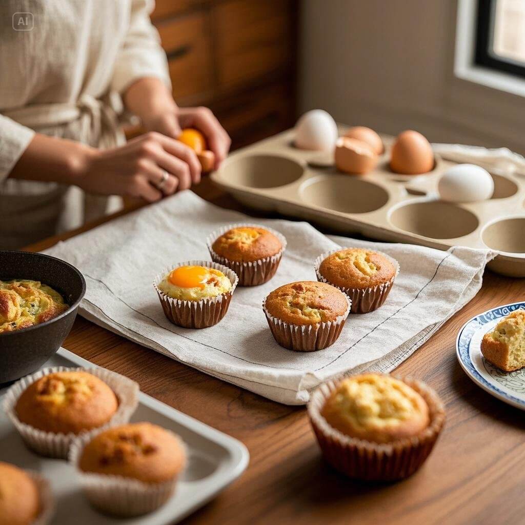 A step-by-step guide to making perfect eggs and muffins, featuring fluffy scrambled eggs, golden muffins, and cooking utensils on a kitchen counter.