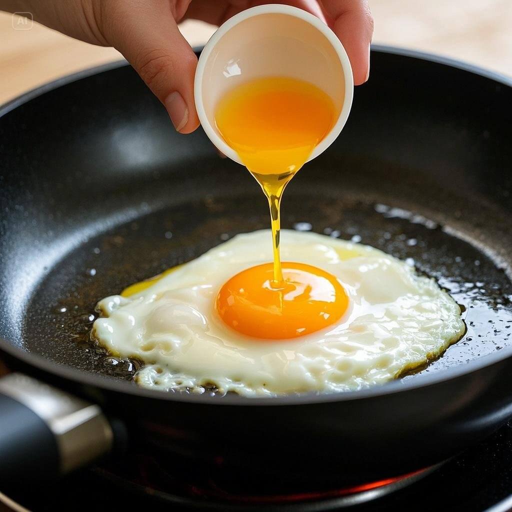 A step-by-step guide to making perfect sunny-side-up fried eggs in a non-stick skillet.