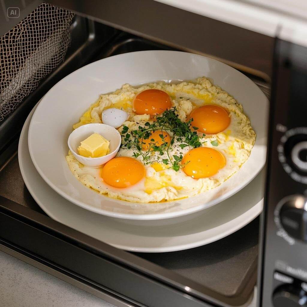 A step-by-step guide to making fluffy scrambled eggs in the microwave, featuring a bowl of perfectly cooked eggs with a fork on the side.