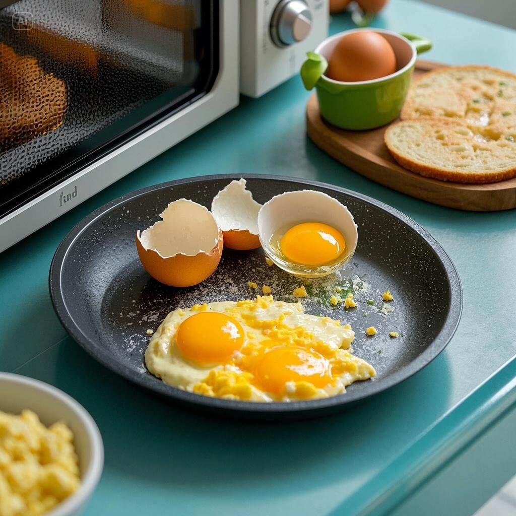 A bowl of creamy, fluffy scrambled eggs made in the microwave, garnished with chopped chives and served with a slice of buttered toast.