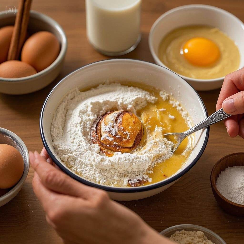 A mixing bowl filled with cinnamon bun pancake batter, showing swirls of cinnamon sugar and a whisk resting on the side.