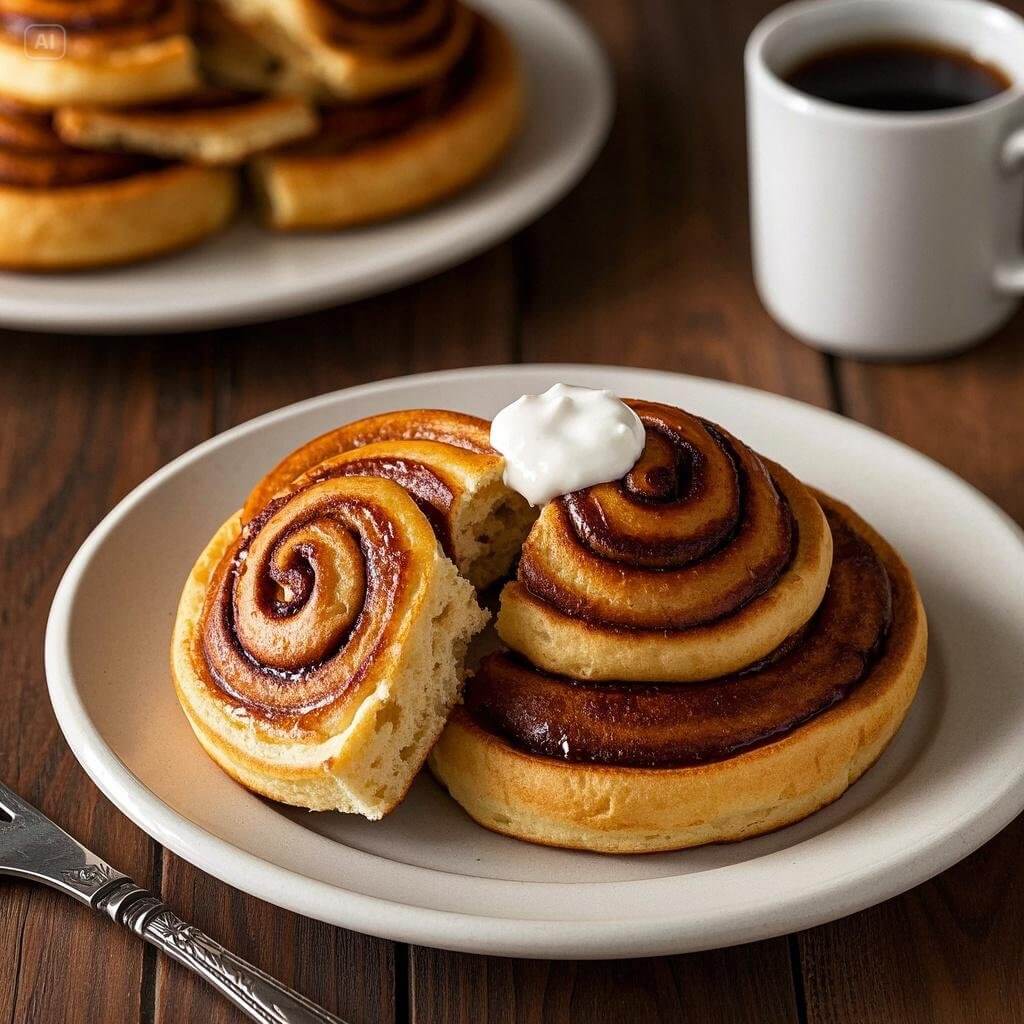 A stack of fluffy cinnamon bun pancakes drizzled with cream cheese glaze, topped with a sprinkle of cinnamon sugar, and served on a white plate.