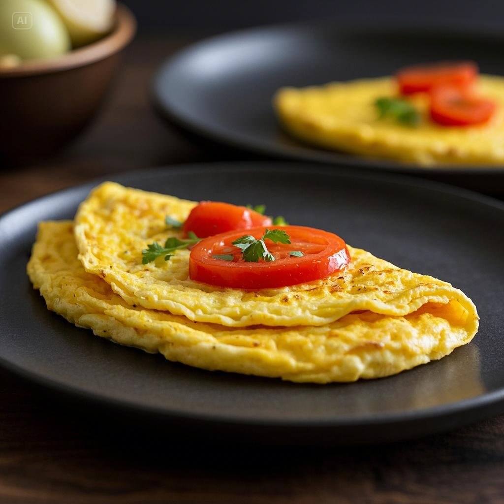 A step-by-step guide to making the perfect omelette, featuring beaten eggs in a bowl, a frying pan with cooking eggs, and fresh ingredients like herbs, cheese, and vegetables.