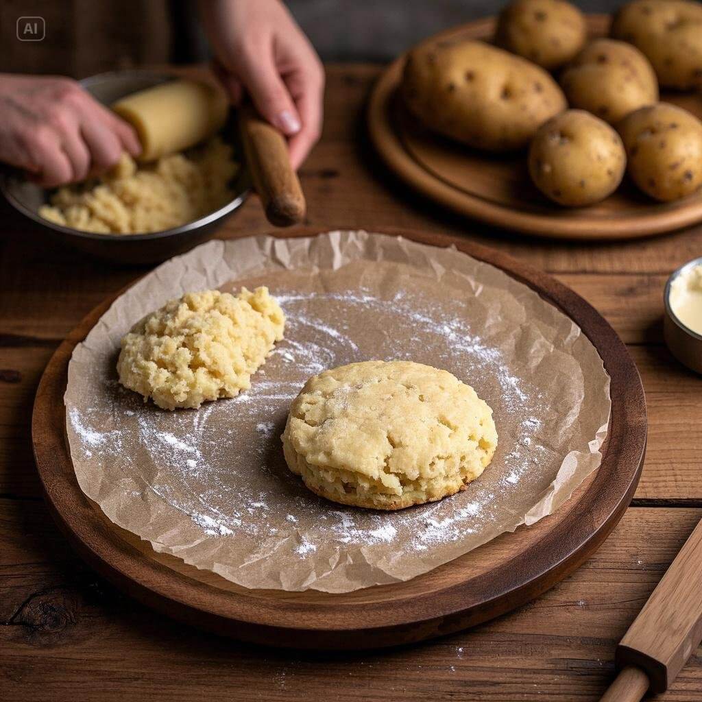 Step-by-step guide to making the perfect tattie scone, showing mashed potatoes, dough preparation, rolling, cutting, and frying on a stovetop.