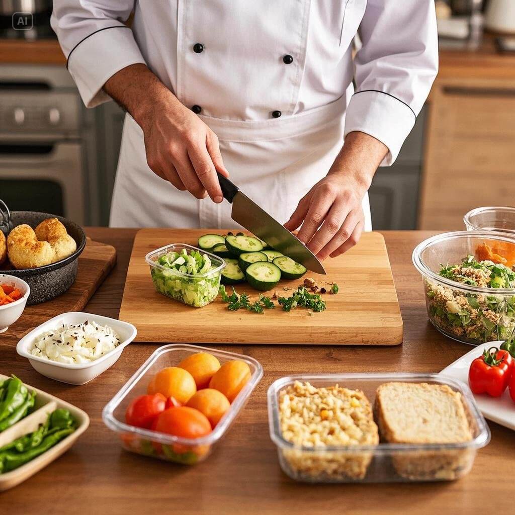 A neatly organized meal prep setup featuring gluten-free lunches for the week, including containers of salads, grain bowls, and snacks, arranged on a kitchen counter.