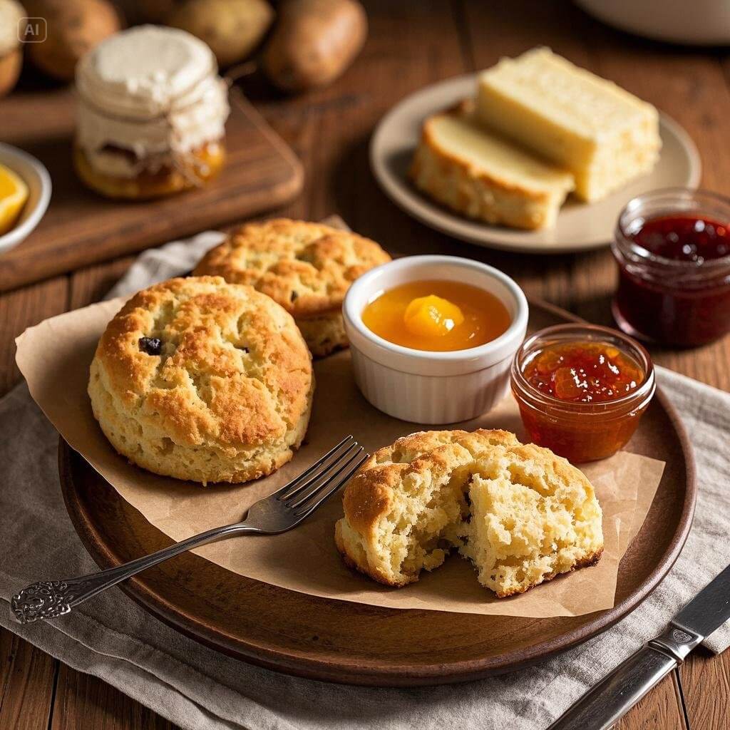 Creative ways to serve tattie scones, including as part of a full Scottish breakfast, topped with smoked salmon, or paired with eggs and avocado .